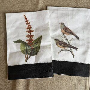 Set of 2 Linen Hand Towels Black and White with Nature Images